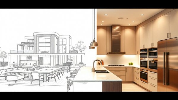 Modern kitchen design juxtaposed with blueprint sketch.