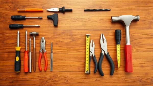 Essential home tools arranged symmetrically on wooden background.