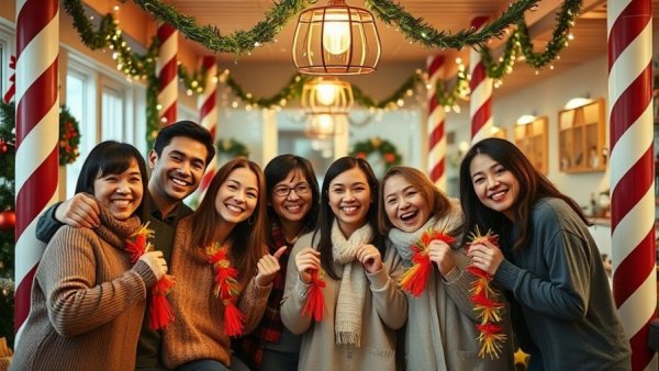Joyful group decorating family shelter for holidays with colorful chains.