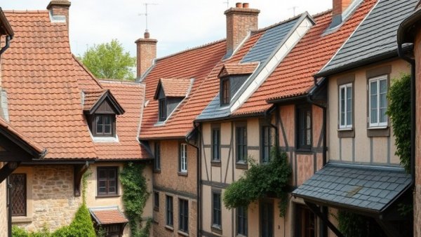 Traditional and modern roofing materials in a historic village