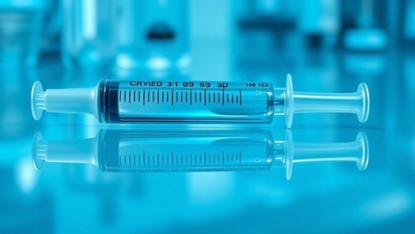 Sterile medical syringe in blue light, HPV vaccine for women.