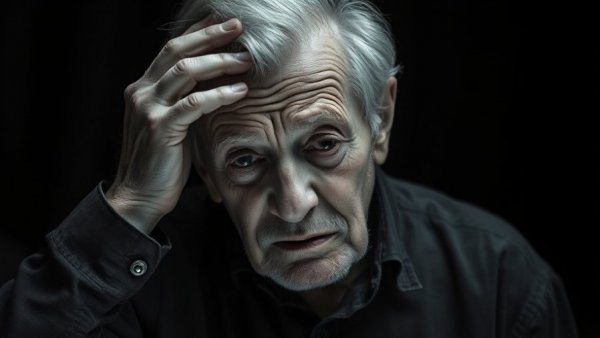 Elderly man experiencing stress, associated with Holiday Illness Syndrome, in a dark setting.
