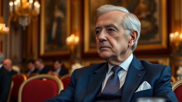 Older man in blue suit sitting thoughtfully, elegant event setting.