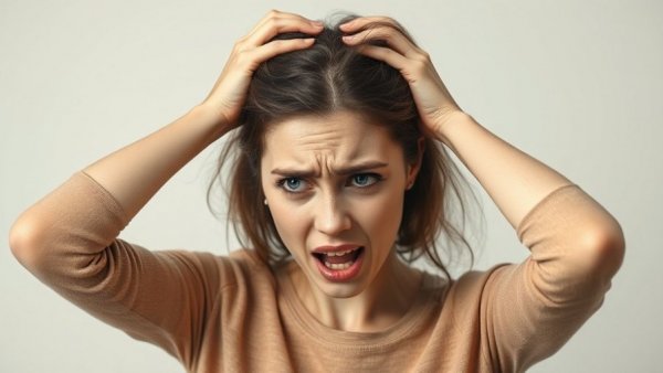 Young woman experiencing brain fog, holding head in frustration.