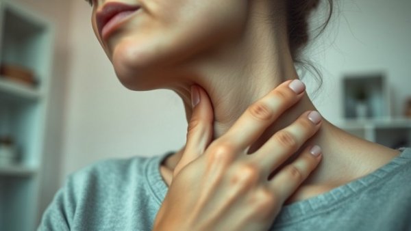 Close-up of woman's throat touch indicating signs of hypothyroidism.