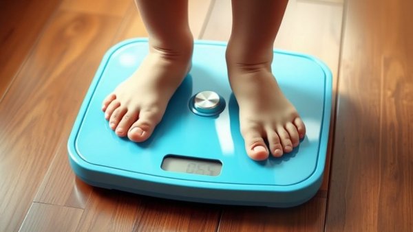 Child's feet on a scale, symbolizing health and weight concerns.