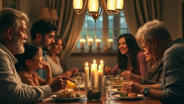 Family enjoying dinner, discussing family history heart disease risk.