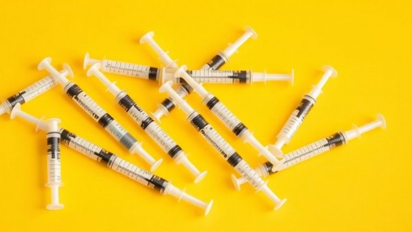 Medical syringes for RSV prevention treatments on yellow background.