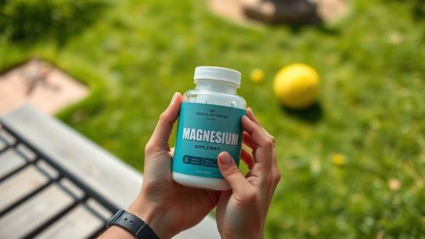 Hands holding magnesium supplement jar highlighting health benefits outdoors.