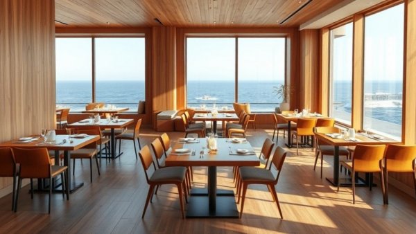 Dining area with lighting upgrades featuring ocean view and wooden tables.