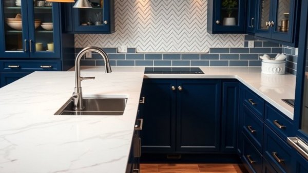 Maintaining Marble and Granite Countertops in a pristine modern kitchen with a dual sink and navy cabinets.