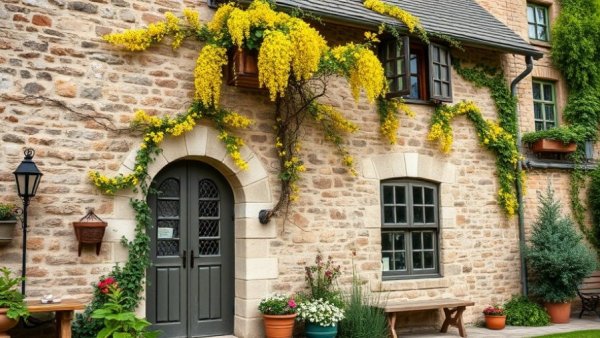 Historic stone building with yellow flowers, related to Kitchen Remodeling Trends in 2025.