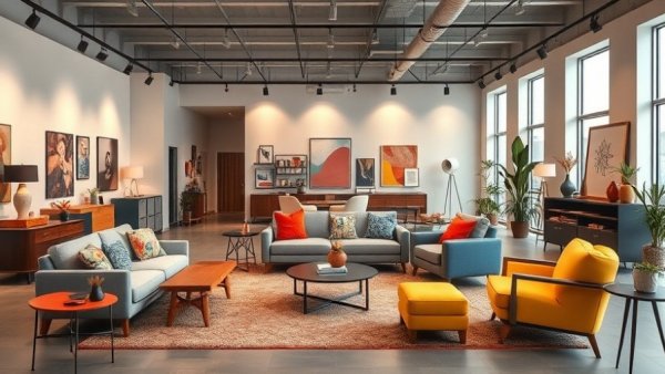 Modern showroom demonstrating color theory for interior design with eclectic decor.