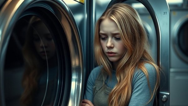Tired woman leaning on dryer, expressing fatigue in a laundromat.