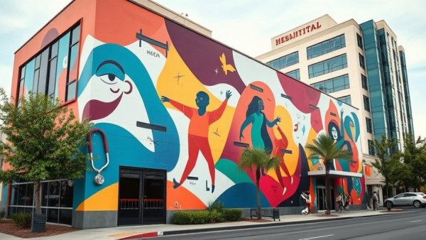 Vibrant mural on healthcare building wall, benefiting environment.