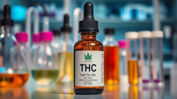 Cannabis products THC oil in lab setting for pain relief.