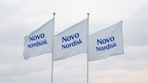Novo Nordisk flags fluttering, related to Wegovy pill weight loss treatment.