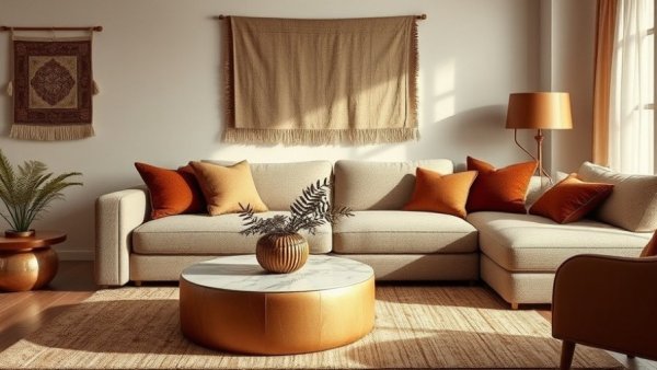 Modern living room design showcasing 2025 trends with earthy decor.