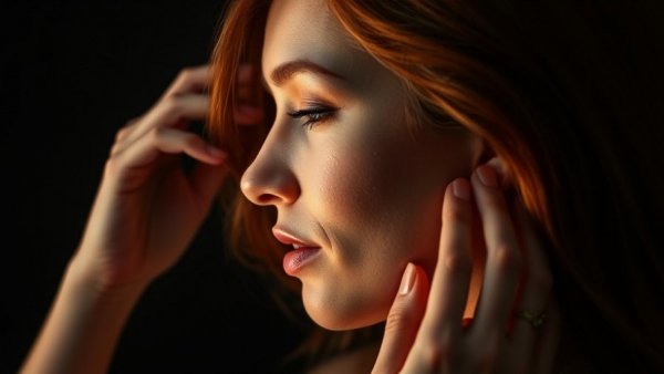 Serene woman touching her face in soft lighting, natural balance.