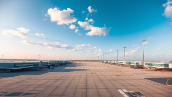 Modern airport terminals under blue sky.