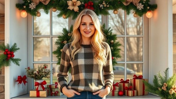 Charming farmhouse Christmas decor with woman in festive room.
