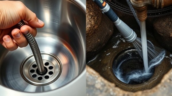 Illustration of how hydro jet drain cleaning helps prevent future clogs with manual snake and hydro jet equipment.