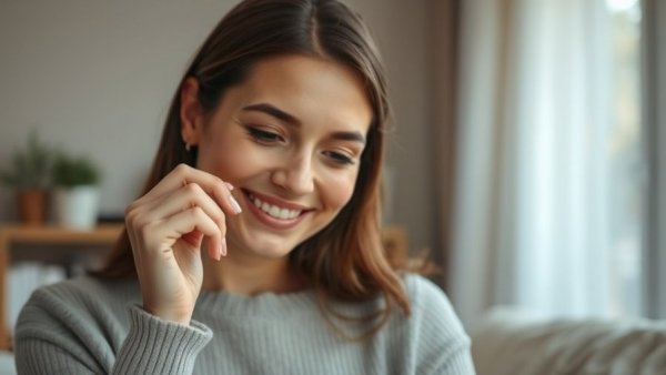 Young woman smiling gently taking pill for online mental health care.