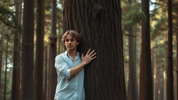 Tree hugging in China: Person embracing a tree in a peaceful forest.