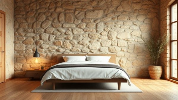 Rustic modern bedroom with stone wall and minimalist design.