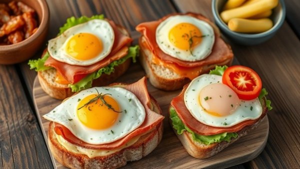Energy boosting diet breakfast with eggs, ham, and veggies on a wooden table.