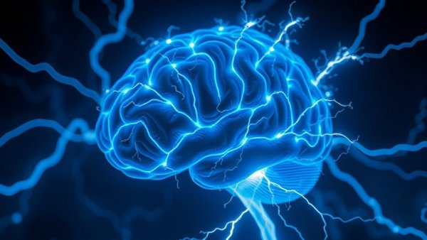 Brain illustration emitting energy sparks in futuristic style