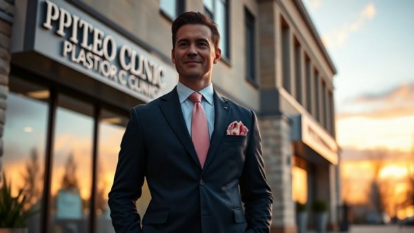 Plastic surgeon outside Cape Coral clinic at sunset.