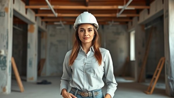 Young female contractor confidently standing in open-concept renovation area.