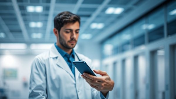 Medical professional on smartphone, genetic variants monoclonal antibody effectiveness.