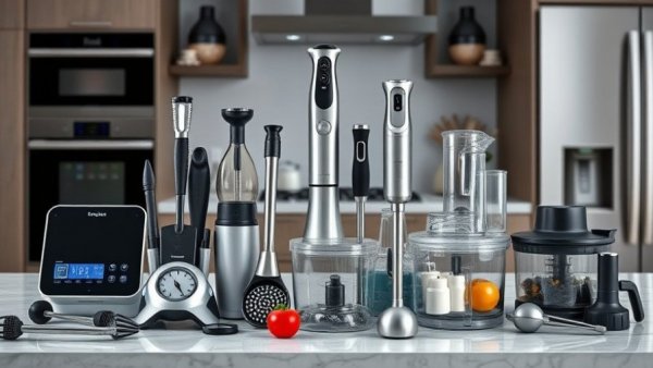 Assorted modern kitchen gadgets for easy cooking, including digital scale and blender.