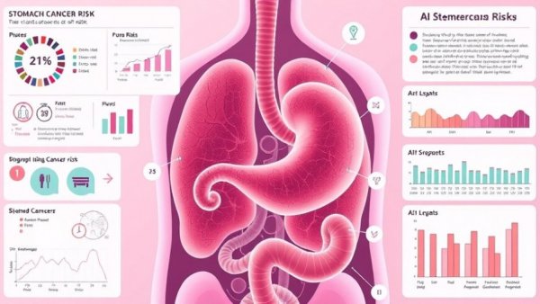AI detects stomach cancer risk with medical graphics and data.
