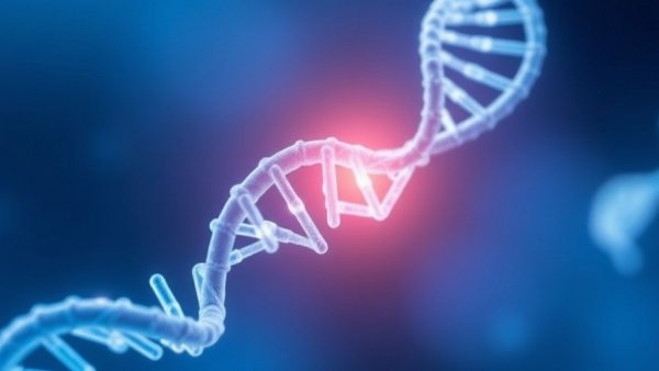 Gene-editing therapy for beta thalassemia depicted with DNA strand, glowing cuts.