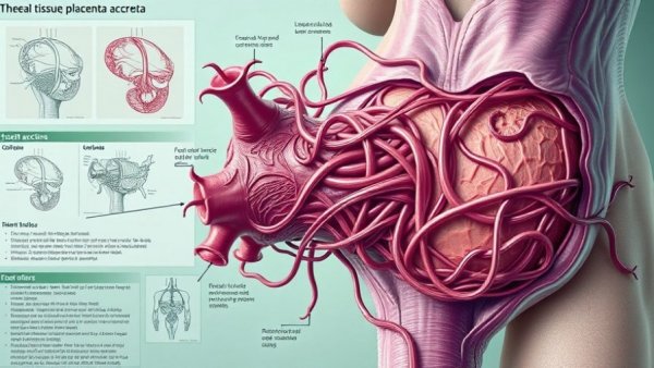 Illustration showing tangled scar tissue and placenta accreta in medical detail.