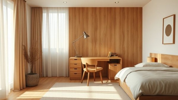 Warm minimalist bedroom interior reflecting interior design trends 2026.