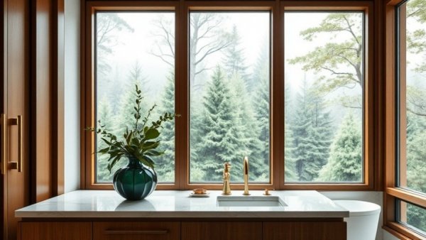 Elegant bathroom vanity with greenery for wellness tips for homeowners.