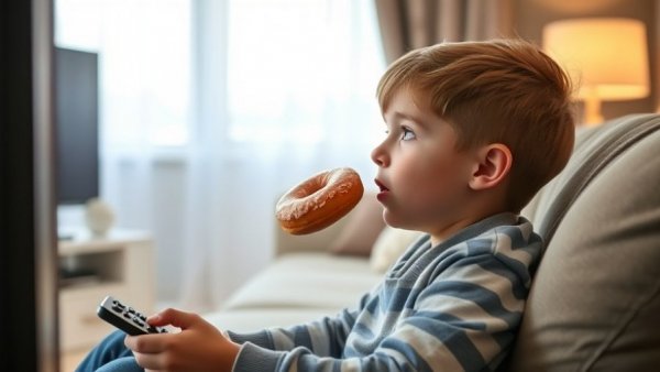 Young boy watching TV, eating doughnut; discussion on UK Junk Food Ads Ban.