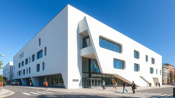 Modern building with geometric design under blue sky, related to home remodeling service near me.