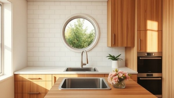 Modern 2026 kitchen trends: sleek design with round window and wood accents