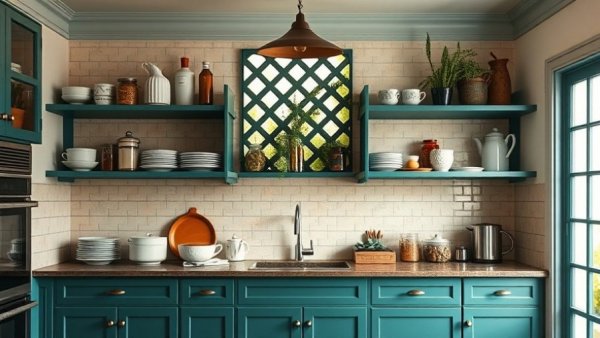 Designer-approved storage solutions in a stylish teal kitchen.