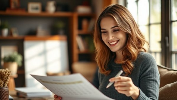 Smiling woman planning schedule to increase blog traffic on a busy day.