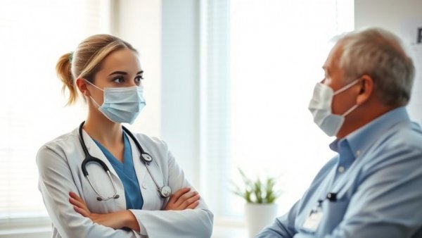 Doctor advises older adult on infections in medical office.