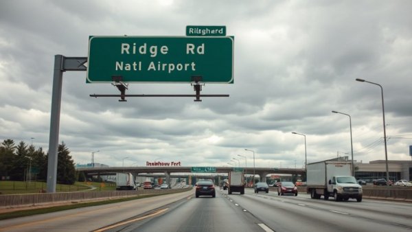Kansas DOT contract: Highway with airport signs and vehicles.