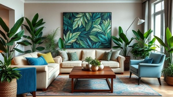 Living room with harmonious color palette and lush decor.