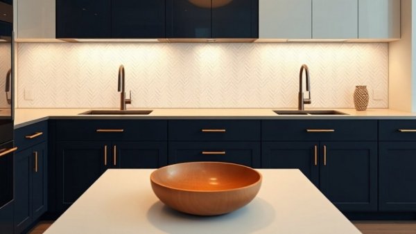 Modern kitchen with navy cabinets and herringbone backsplash, kitchen remodeling trends 2026.
