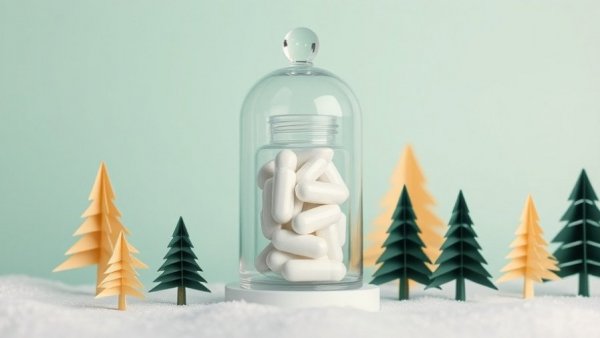 Glass jar of cellular health supplements in winter-themed setting.